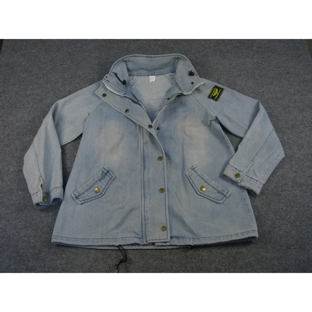 Mingren Light Wash Denim Utility Jacket USS Enterprise Patch Blue Women Large